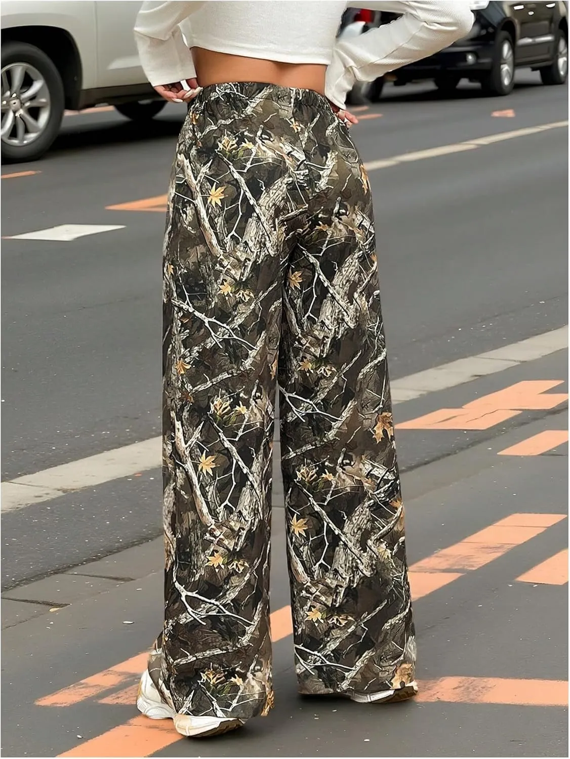 Floerns Women's Drawstring Waist Leopard Print Trousers Tie Front Wide Leg Pants