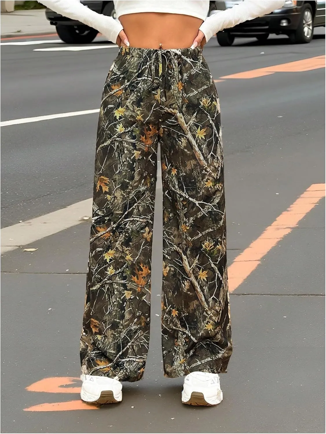 Floerns Women's Drawstring Waist Leopard Print Trousers Tie Front Wide Leg Pants