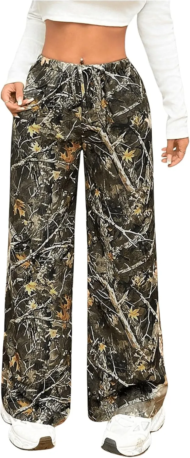 Floerns Women's Drawstring Waist Leopard Print Trousers Tie Front Wide Leg Pants