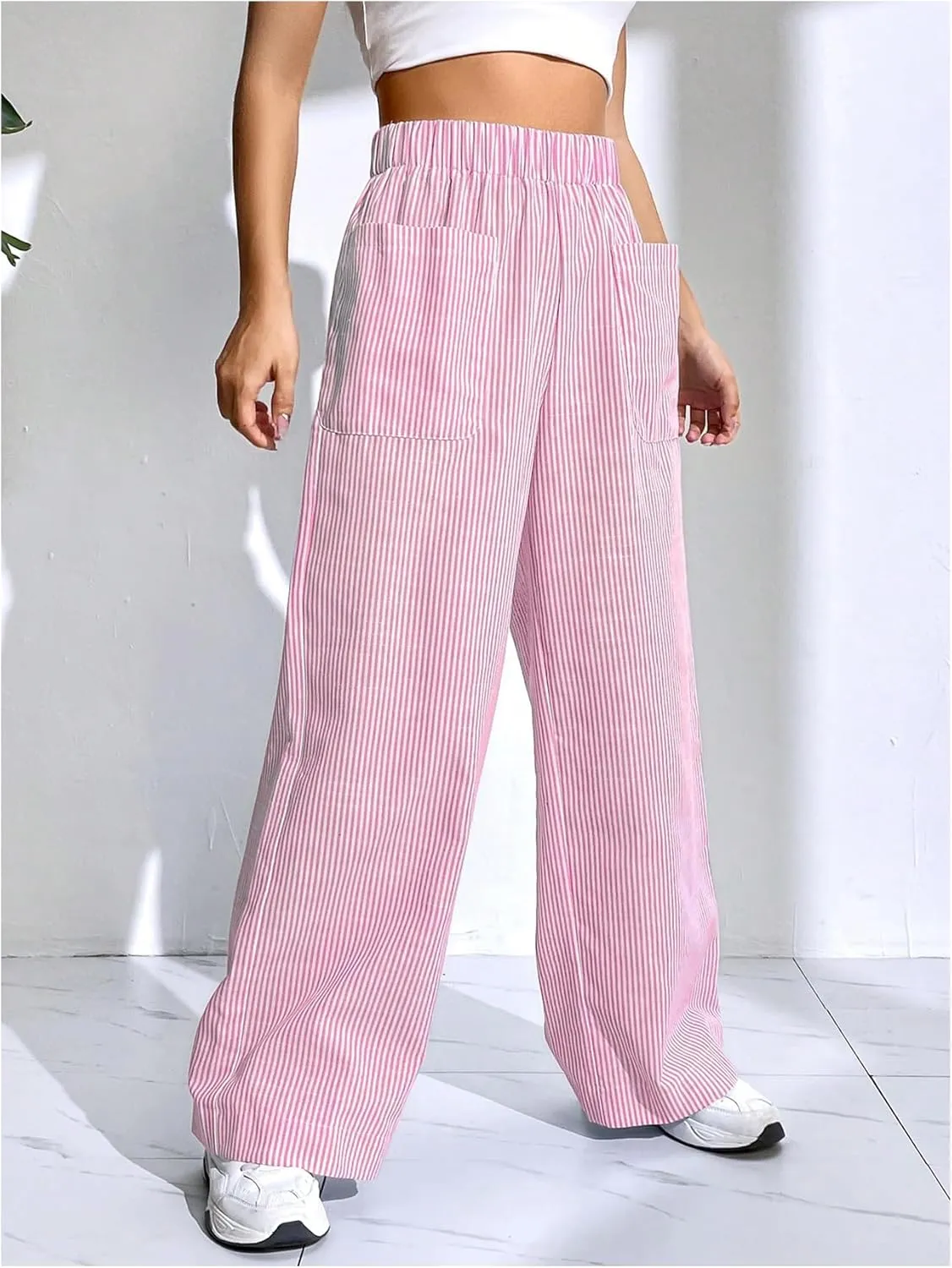 Floerns Women's Striped Print Elastic High Waist Pocket Front Wide Leg Pants