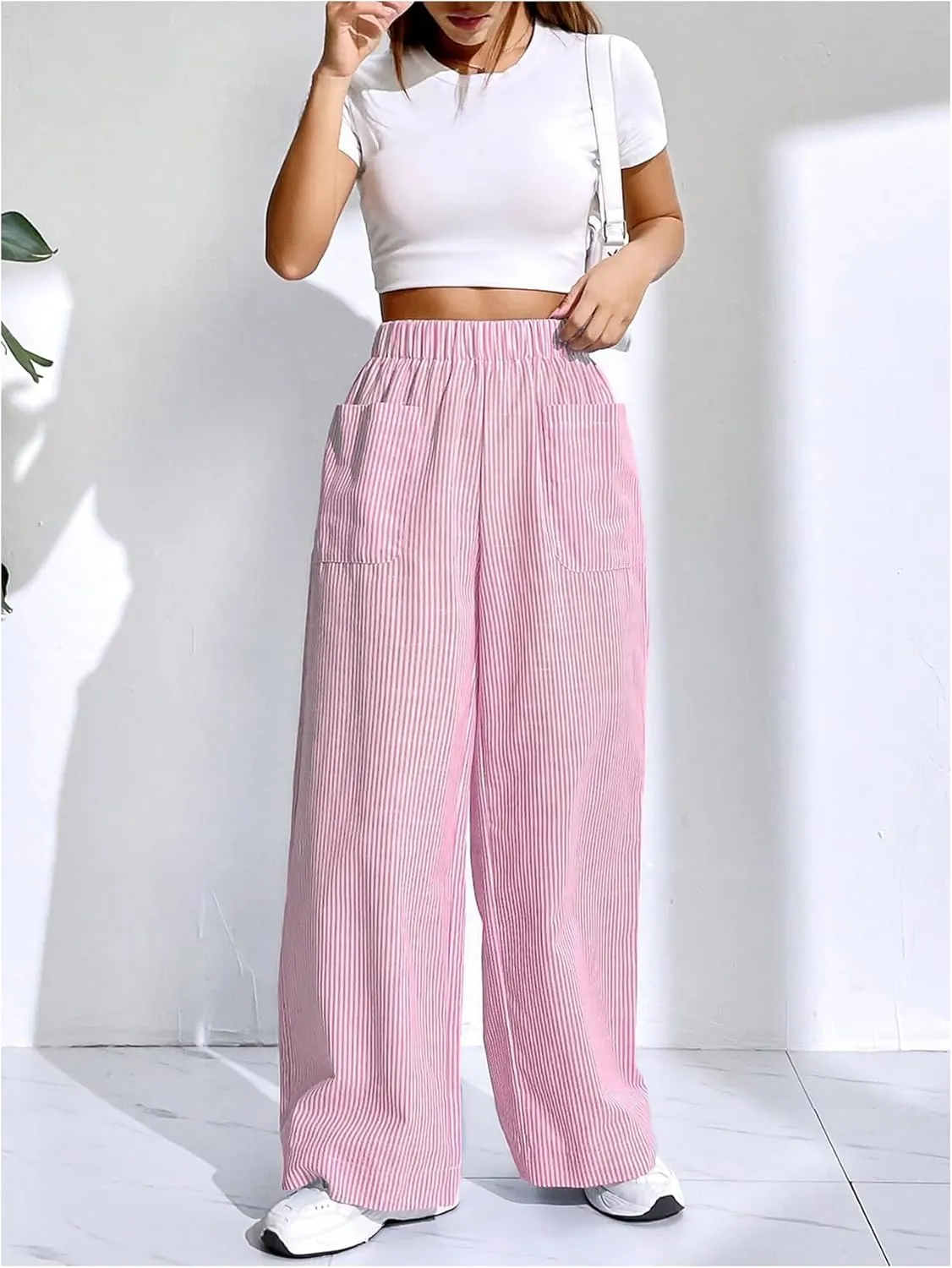 Floerns Women's Striped Print Elastic High Waist Pocket Front Wide Leg Pants