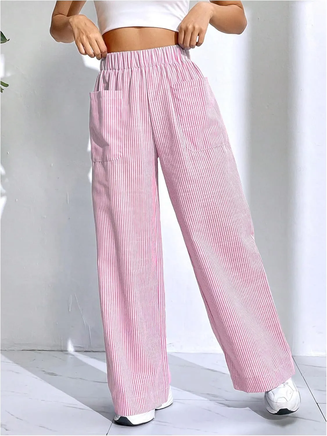 Floerns Women's Striped Print Elastic High Waist Pocket Front Wide Leg Pants