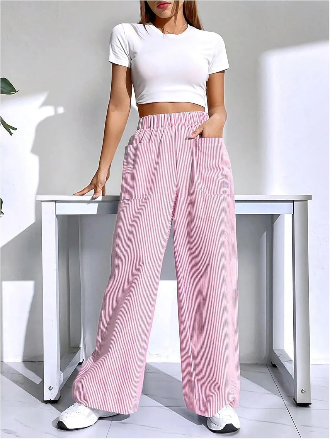 Floerns Women's Striped Print Elastic High Waist Pocket Front Wide Leg Pants
