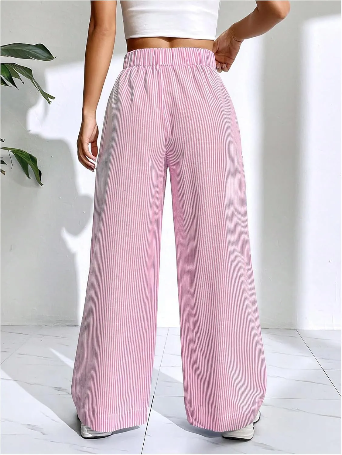 Floerns Women's Striped Print Elastic High Waist Pocket Front Wide Leg Pants