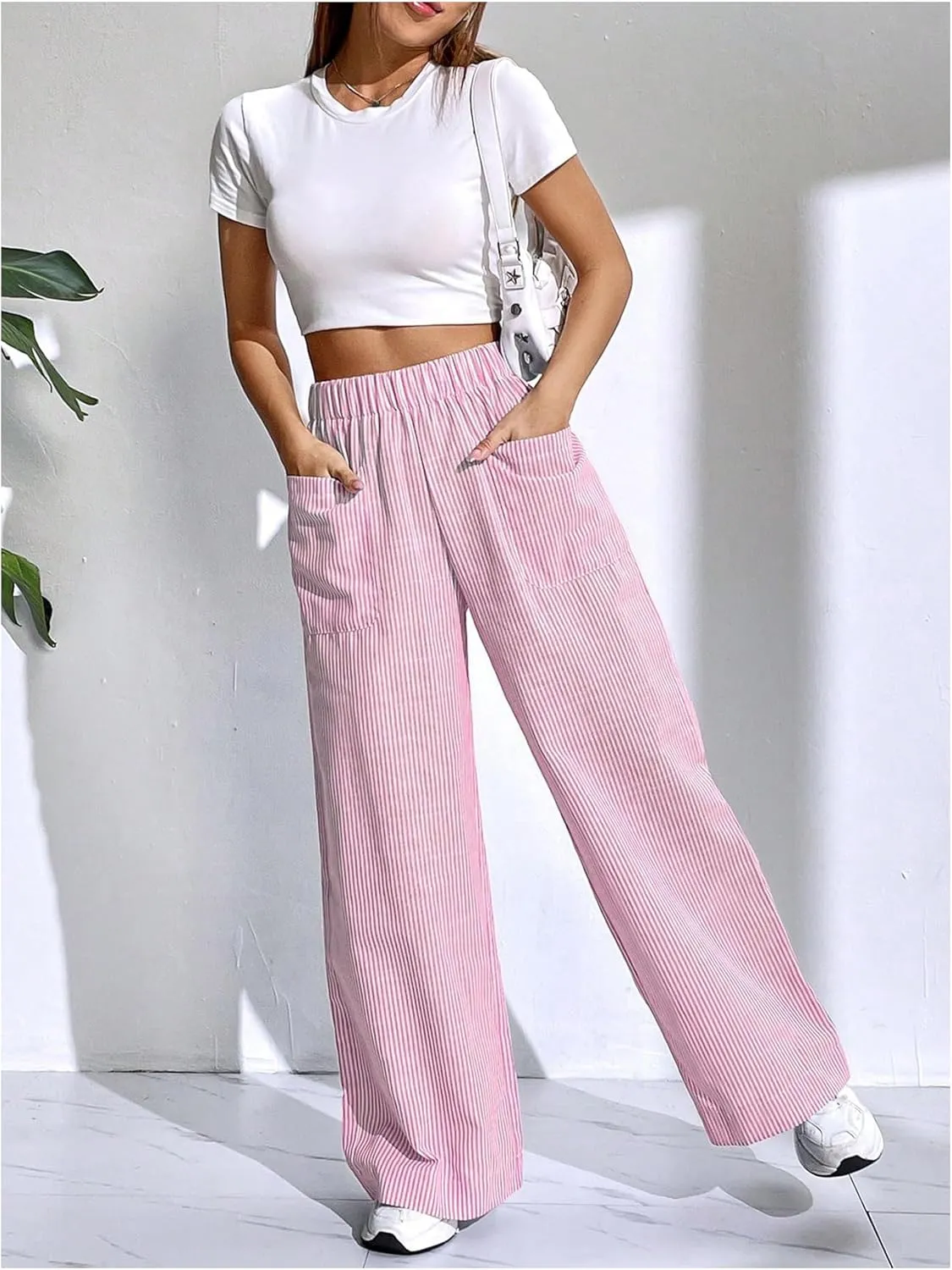 Floerns Women's Striped Print Elastic High Waist Pocket Front Wide Leg Pants