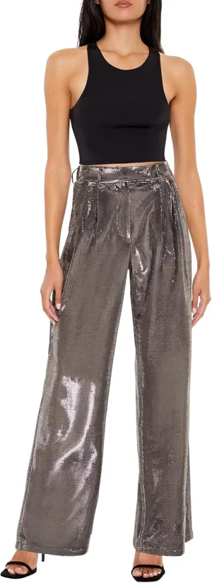 Forever 21 Women's Metallic High-Rise Wide-Leg Pants