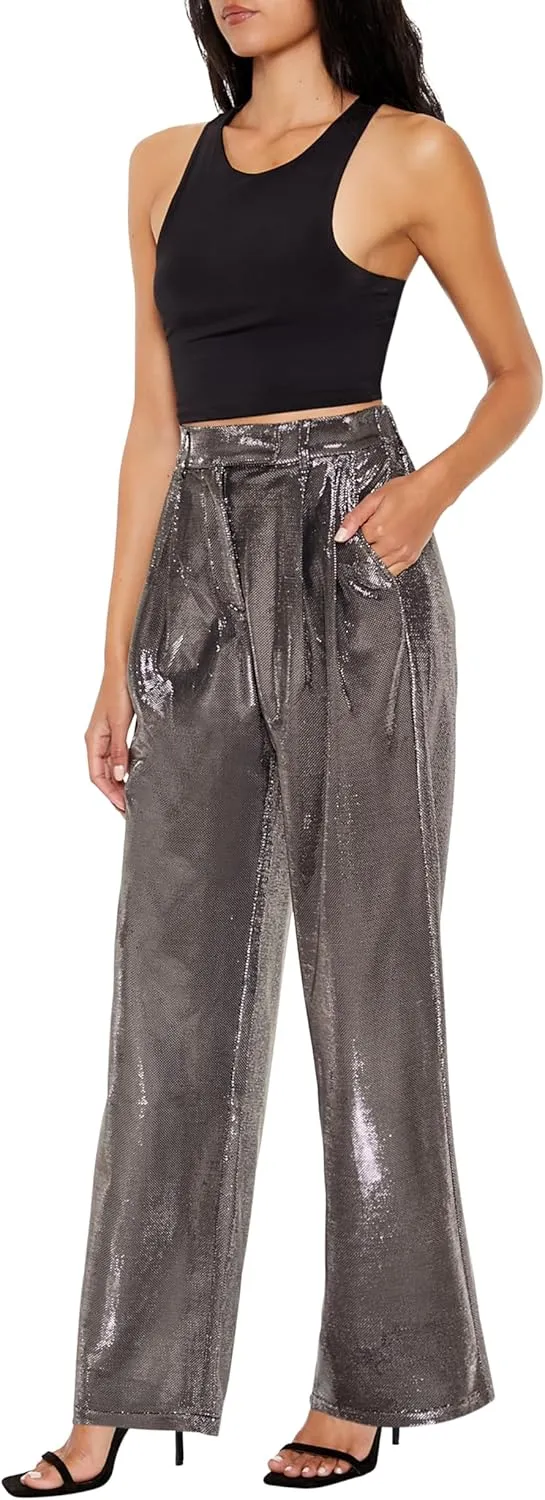 Forever 21 Women's Metallic High-Rise Wide-Leg Pants