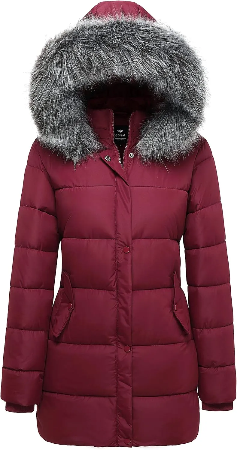 GGleaf Women's Puffer Jacket Winter Hooded Coat Down Alternative Long Parka with Faux Fur Hood