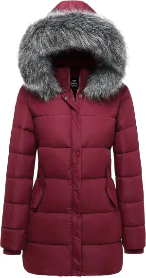 GGleaf Women's Puffer Jacket Winter Hooded Coat Down Alternative Long Parka with Faux Fur Hood