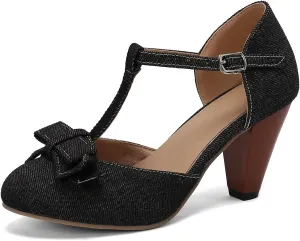 Gicoiz Women Closed Toe T Strap Mary Jane Sandals Bowtie