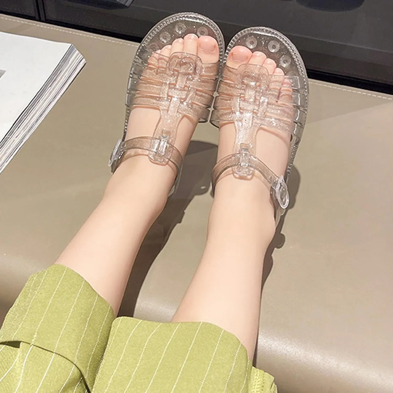 Girls Sandals Jelly Shoes Flats Beige T-Strap Crystal Jellies Slides Clear Rain Slippers Glitter Summer Beach Retro Footwear