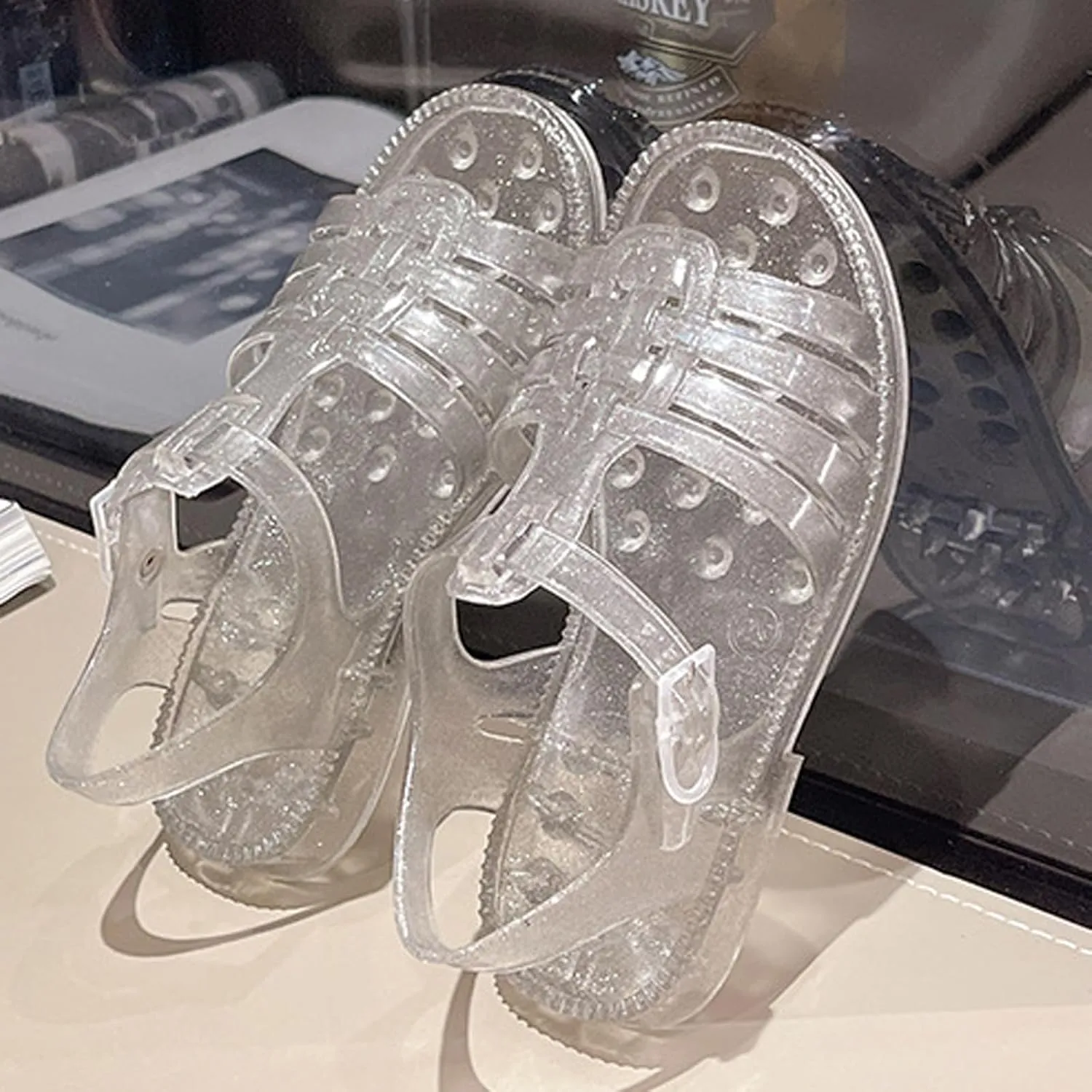 Girls Sandals Jelly Shoes Flats Beige T-Strap Crystal Jellies Slides Clear Rain Slippers Glitter Summer Beach Retro Footwear