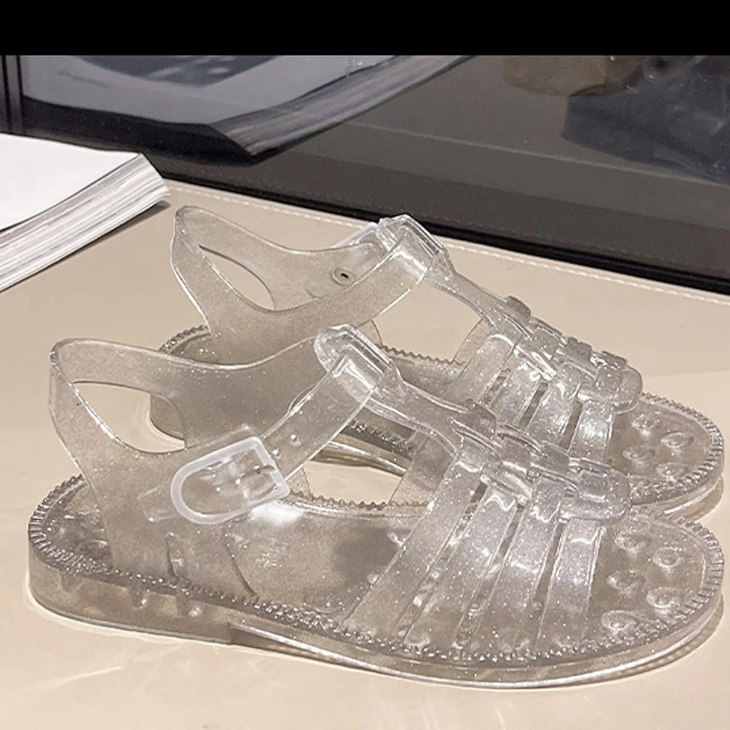 Girls Sandals Jelly Shoes Flats Beige T-Strap Crystal Jellies Slides Clear Rain Slippers Glitter Summer Beach Retro Footwear