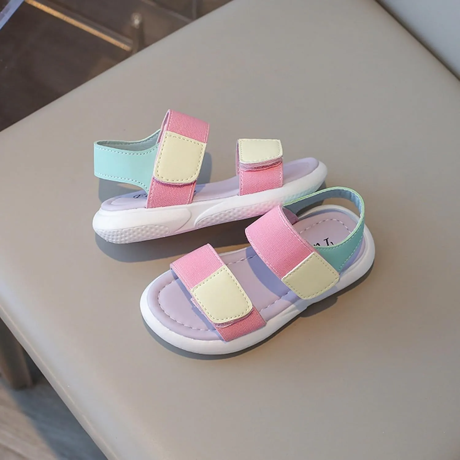 Girls Sandals,Open Toe Cute Comfy Flat Sandal with Non Slip Cushion Soft Sole,Colorful Summer Dress Shoes Sandals for Toddler/Little Kid/Big Kid with Double Hook and Loop Quick Drying Beach Shoe