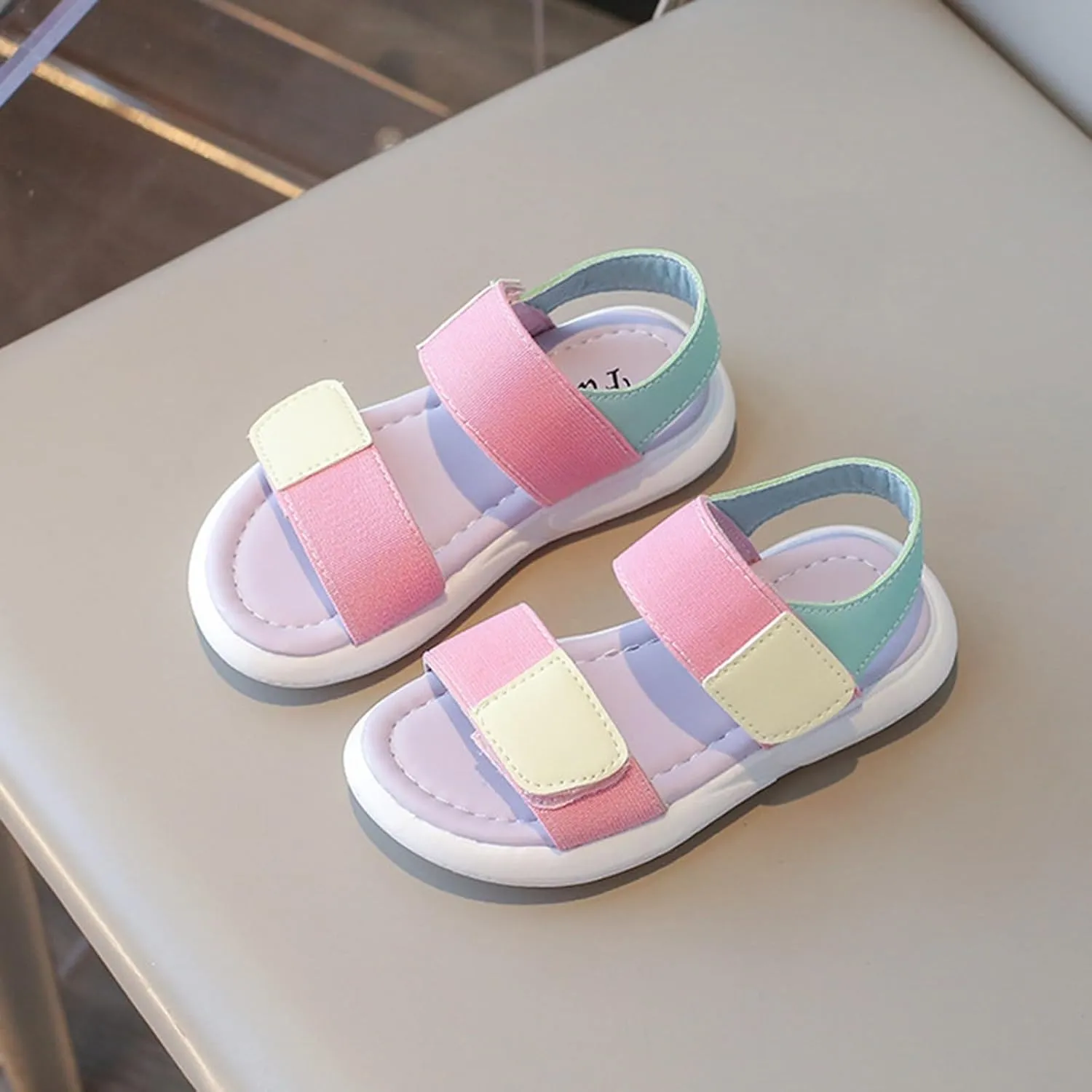 Girls Sandals,Open Toe Cute Comfy Flat Sandal with Non Slip Cushion Soft Sole,Colorful Summer Dress Shoes Sandals for Toddler/Little Kid/Big Kid with Double Hook and Loop Quick Drying Beach Shoe