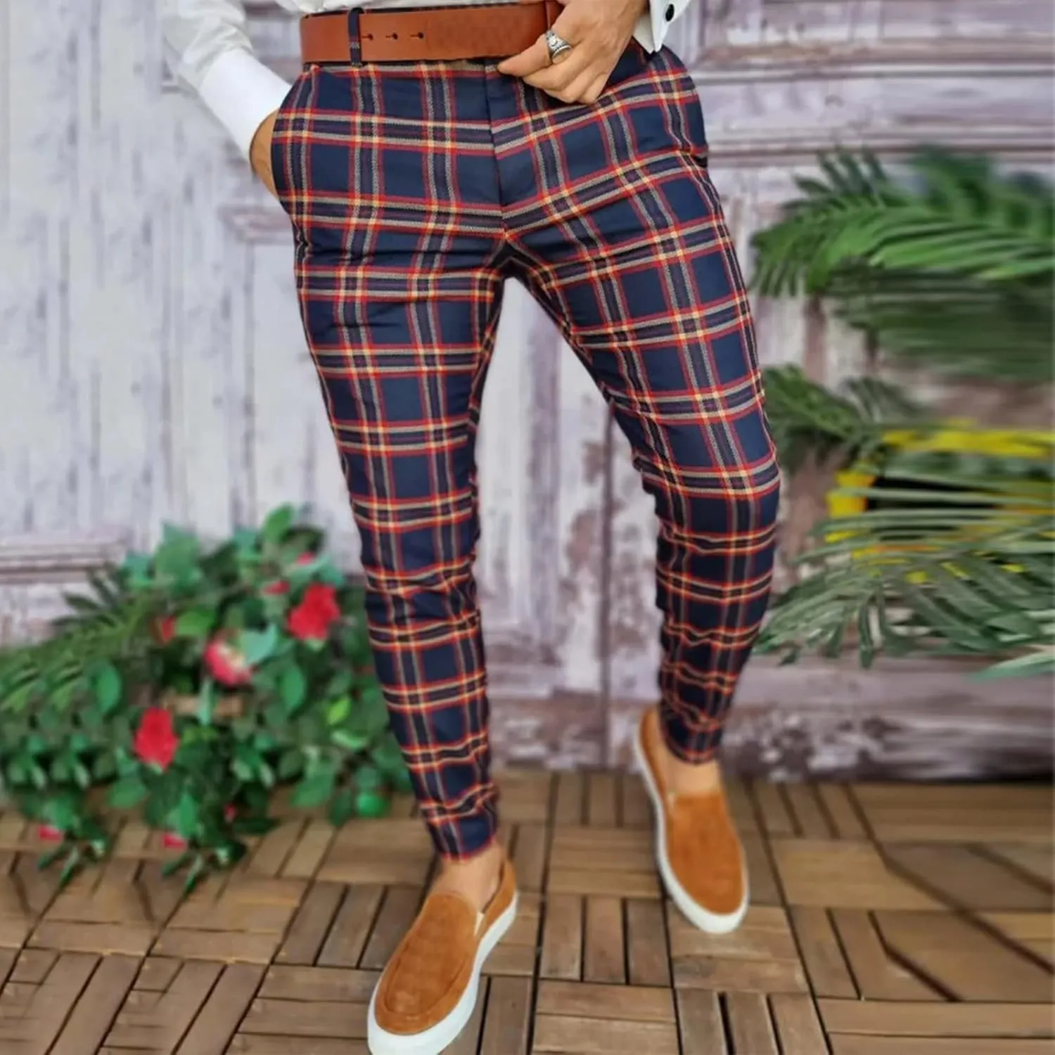 GOKKILRW Chinos for Men Casual Slim Fit Dress Pants Plaid Stretch Flat-Front Skinny Pants Business Work Pencil Lounge Pants