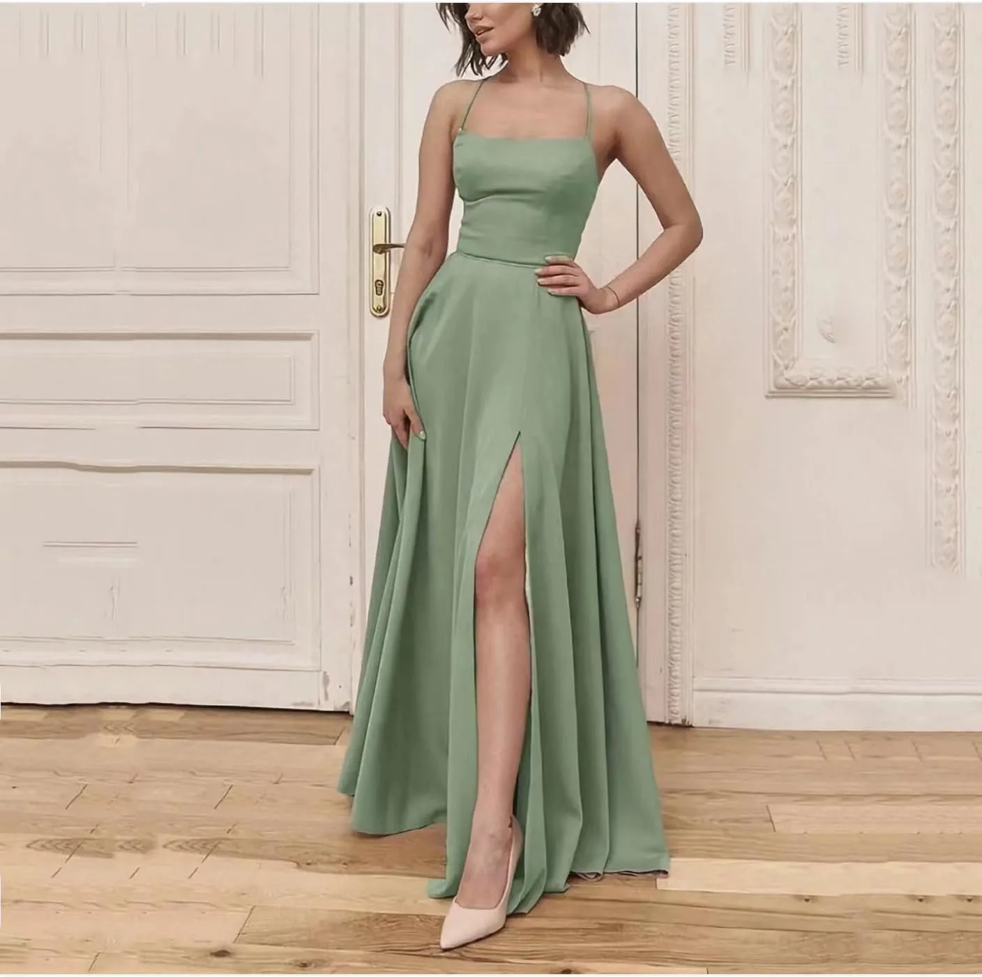 Halter Prom Dresses for Women 2023 Soft Chiffon Ball Gown with Ruffle Formal Evening Dress with Slit P6B45