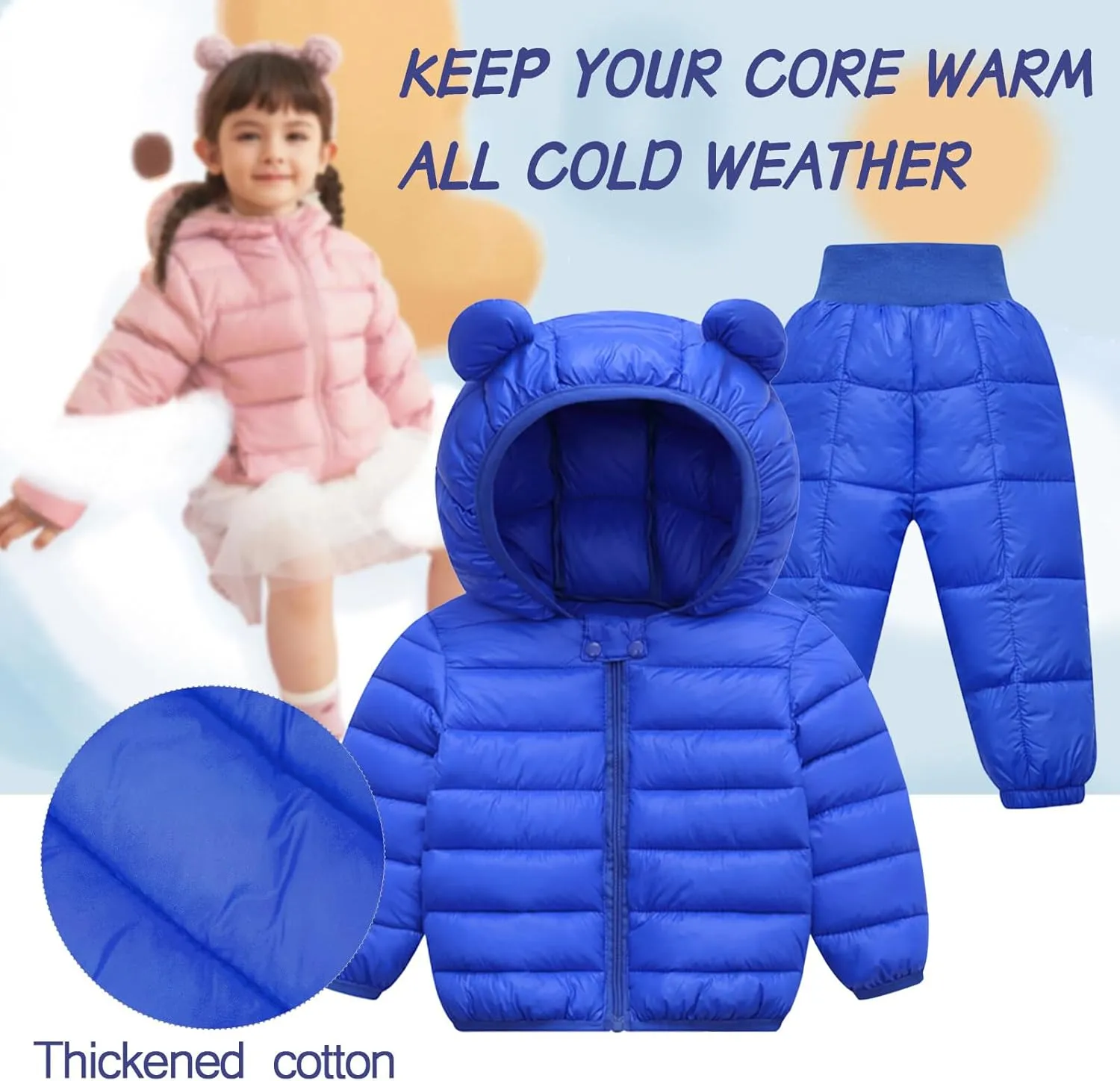 Happy Cherry Baby Boys Girls Two Piece Snowsuit Winter Hooded Puffer Down Jacket and Elastic Waist Snow Pants Sets
