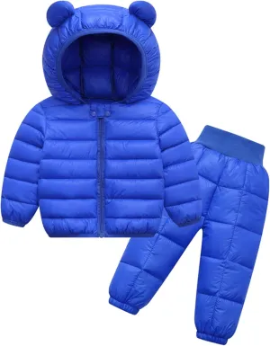 Happy Cherry Baby Boys Girls Two Piece Snowsuit Winter Hooded Puffer Down Jacket and Elastic Waist Snow Pants Sets