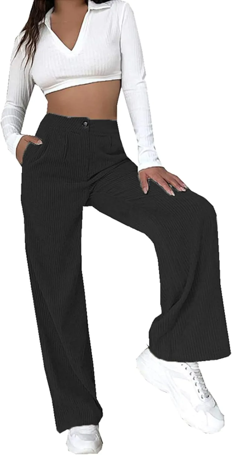 HGps8w Womens High Waist Corduroy Pants Y2K Straight Wide Leg Casual Workout Trousers with Pocket Teen Girls Baggy Streetwear
