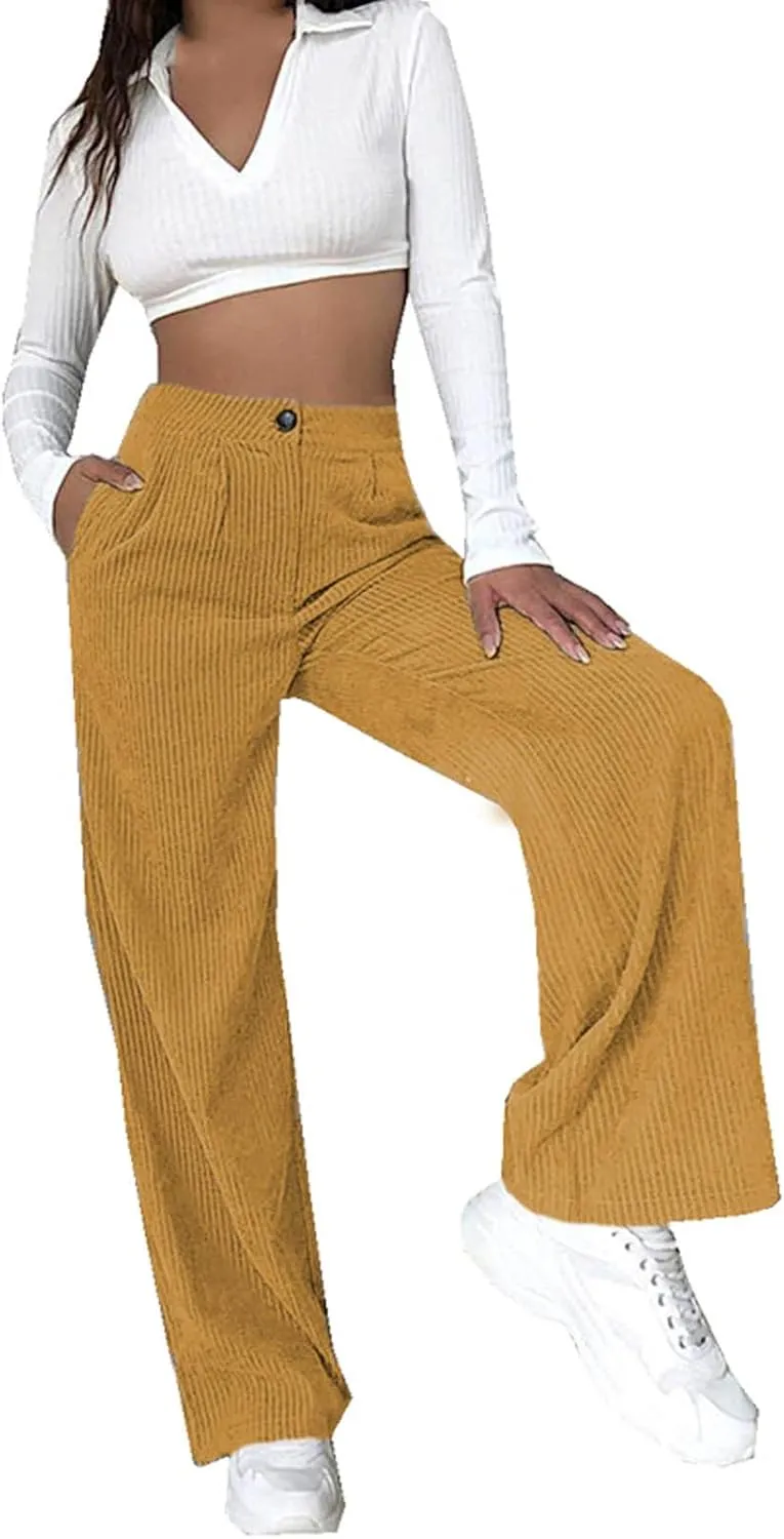 HGps8w Womens High Waist Corduroy Pants Y2K Straight Wide Leg Casual Workout Trousers with Pocket Teen Girls Baggy Streetwear
