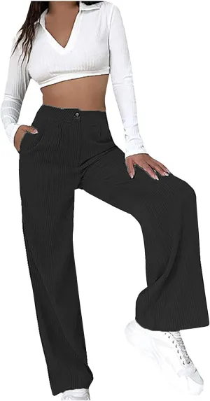HGps8w Womens High Waist Corduroy Pants Y2K Straight Wide Leg Casual Workout Trousers with Pocket Teen Girls Baggy Streetwear