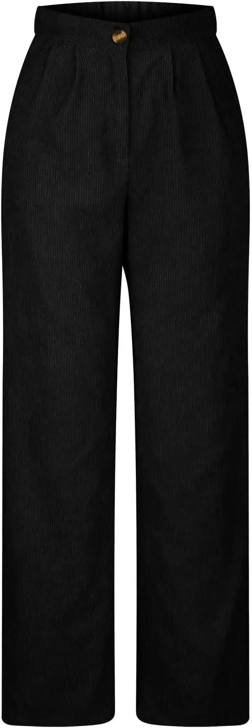 HGps8w Womens High Waist Corduroy Pants Y2K Straight Wide Leg Casual Workout Trousers with Pocket Teen Girls Baggy Streetwear