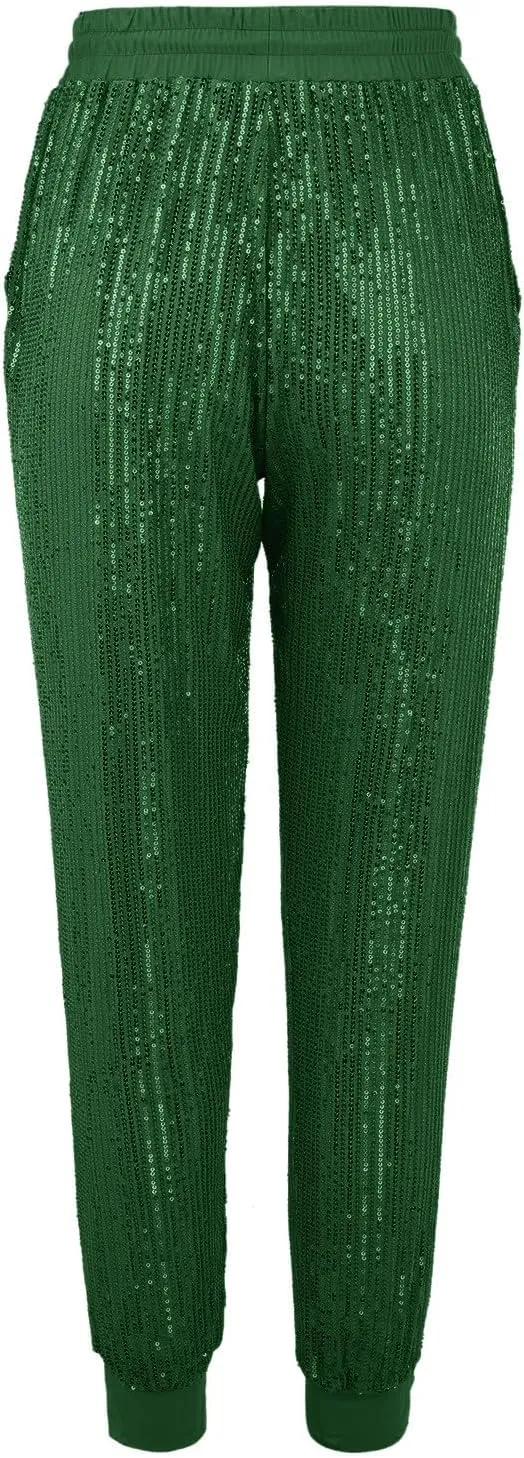 HGps8w Women's Sequin Joggers Pants Drawstring High Waisted Sparkle Glitter Cropped Pants Harem Trousers Clubwear
