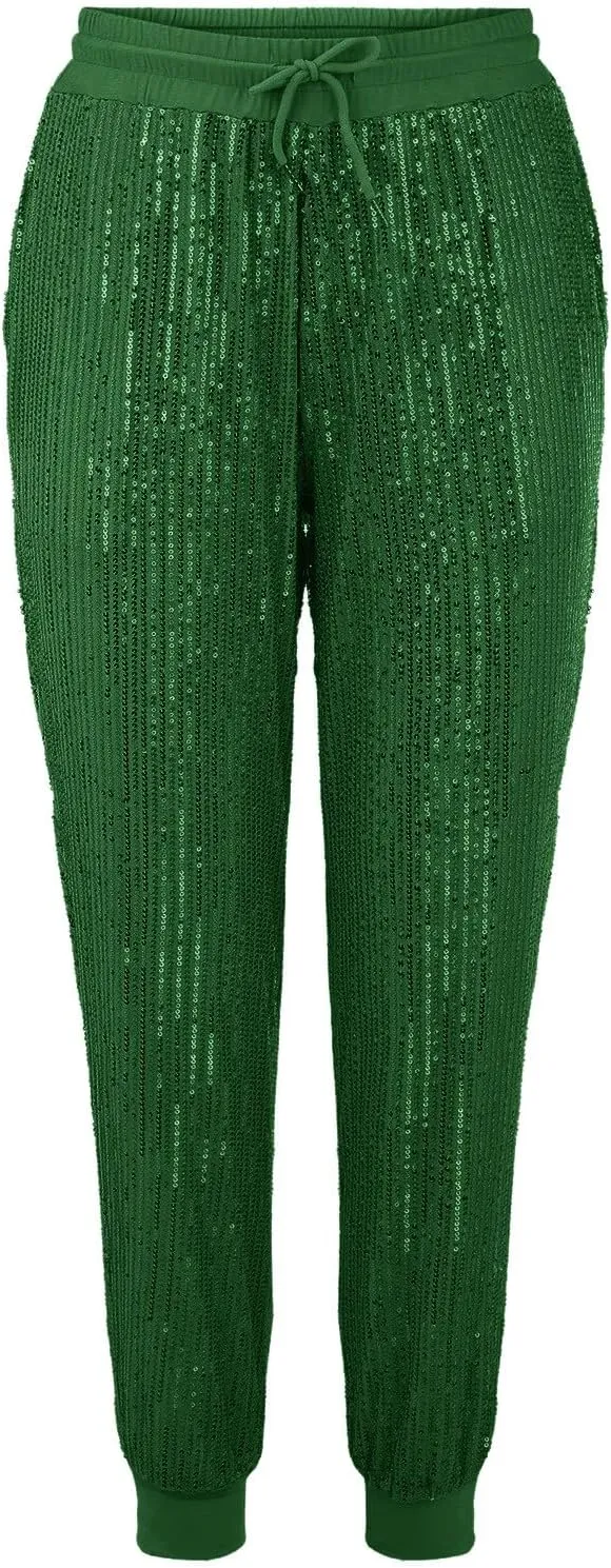 HGps8w Women's Sequin Joggers Pants Drawstring High Waisted Sparkle Glitter Cropped Pants Harem Trousers Clubwear