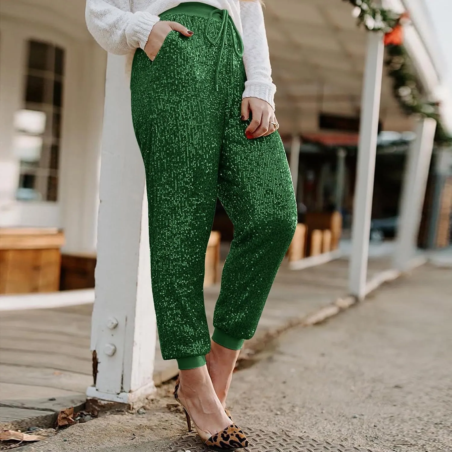 HGps8w Women's Sequin Joggers Pants Drawstring High Waisted Sparkle Glitter Cropped Pants Harem Trousers Clubwear