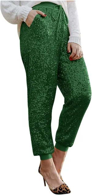 HGps8w Women's Sequin Joggers Pants Drawstring High Waisted Sparkle Glitter Cropped Pants Harem Trousers Clubwear
