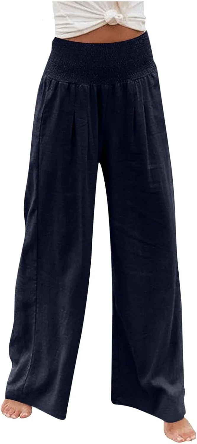 hlysgo Wide Leg Pants Women Smocked Waist Loose Fit Lounge Pants Fashion High Waisted Cotton Linen Straight Trouser Pants