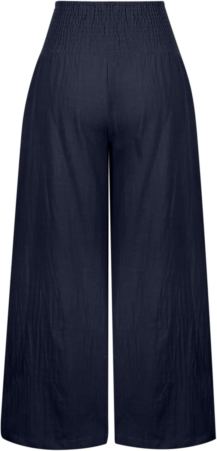 hlysgo Wide Leg Pants Women Smocked Waist Loose Fit Lounge Pants Fashion High Waisted Cotton Linen Straight Trouser Pants