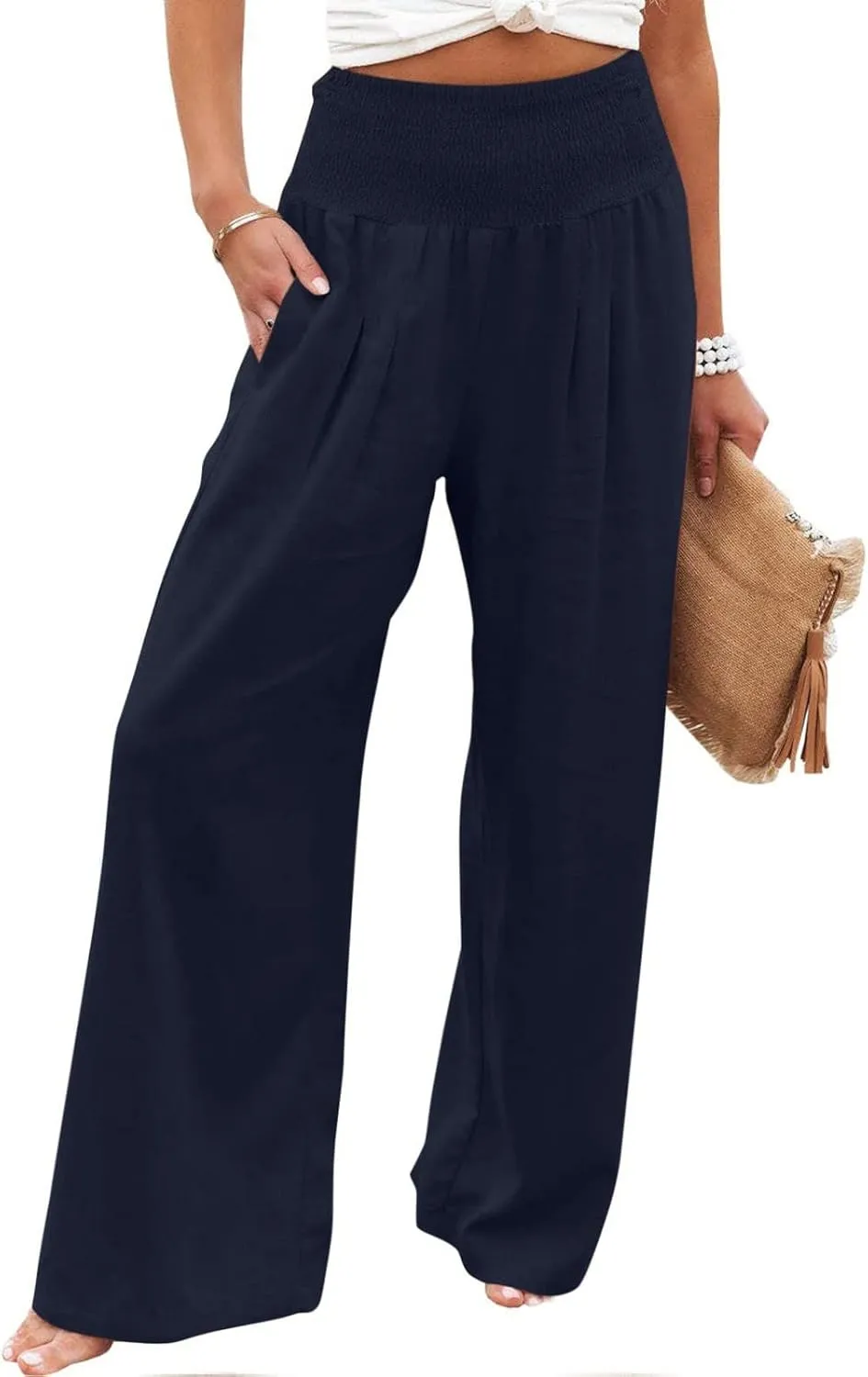 hlysgo Wide Leg Pants Women Smocked Waist Loose Fit Lounge Pants Fashion High Waisted Cotton Linen Straight Trouser Pants