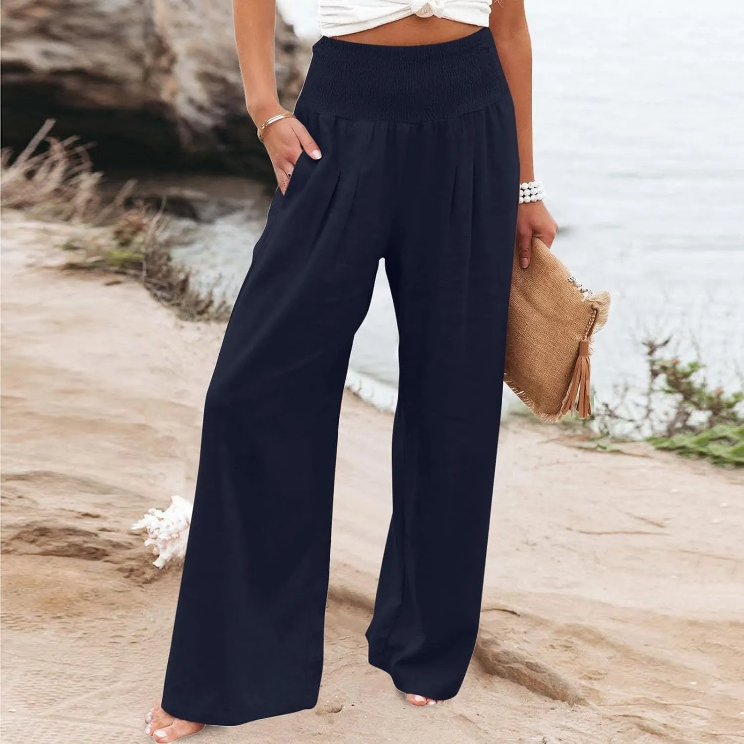 hlysgo Wide Leg Pants Women Smocked Waist Loose Fit Lounge Pants Fashion High Waisted Cotton Linen Straight Trouser Pants
