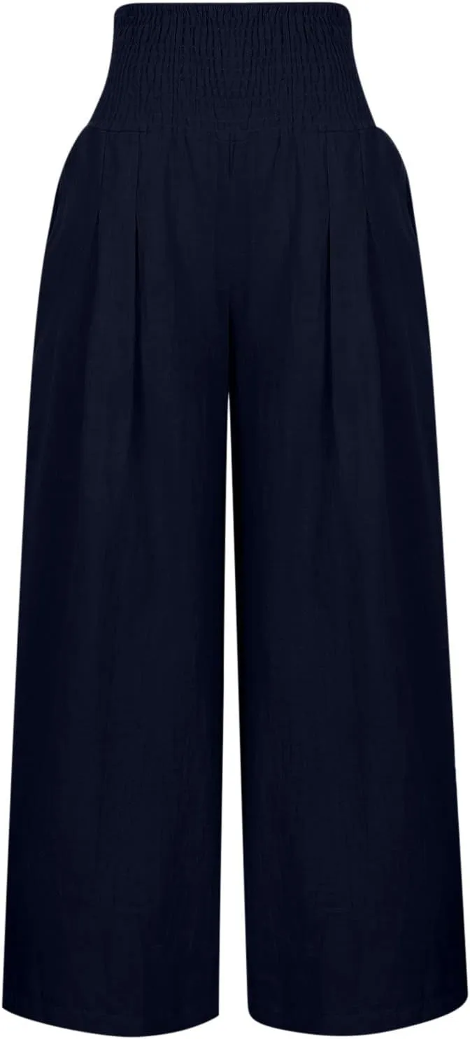 hlysgo Wide Leg Pants Women Smocked Waist Loose Fit Lounge Pants Fashion High Waisted Cotton Linen Straight Trouser Pants