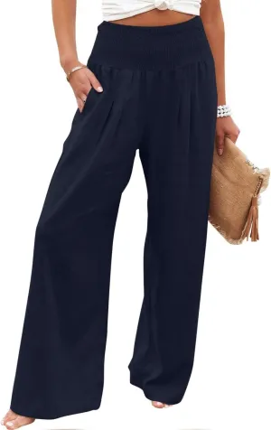hlysgo Wide Leg Pants Women Smocked Waist Loose Fit Lounge Pants Fashion High Waisted Cotton Linen Straight Trouser Pants