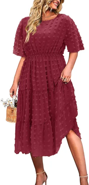 IN'VOLAND Womens Plus Size Swiss Dot Dress Chiffon Short Sleeve High Waist A Line Ruffle Tiered Babydoll Midi Dress