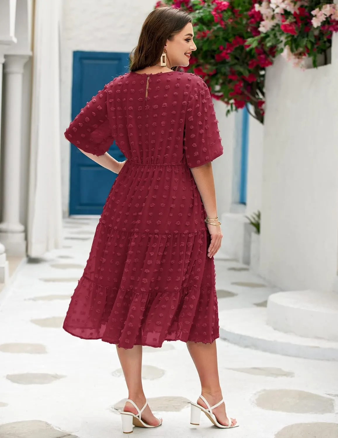 IN'VOLAND Womens Plus Size Swiss Dot Dress Chiffon Short Sleeve High Waist A Line Ruffle Tiered Babydoll Midi Dress