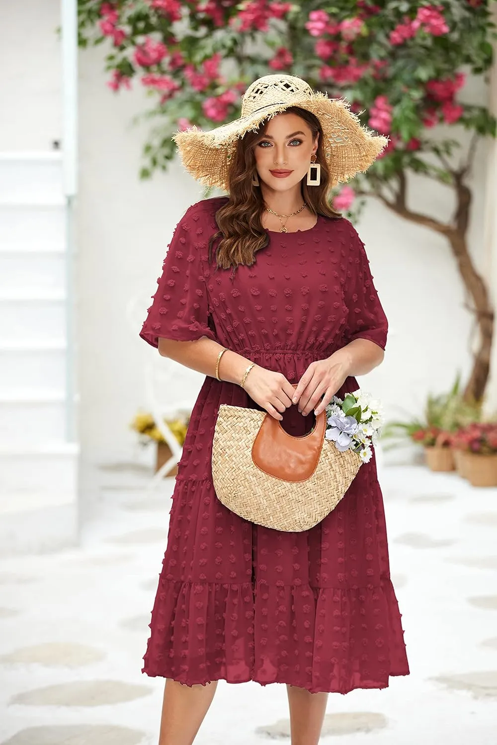 IN'VOLAND Womens Plus Size Swiss Dot Dress Chiffon Short Sleeve High Waist A Line Ruffle Tiered Babydoll Midi Dress