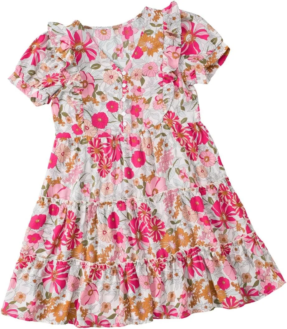 Irsutey Women Casual Summer Sundress Boho Short Sleeve V Neck Dress Ruffle Beach Floral Print Fashion Party Mini Swing Dress