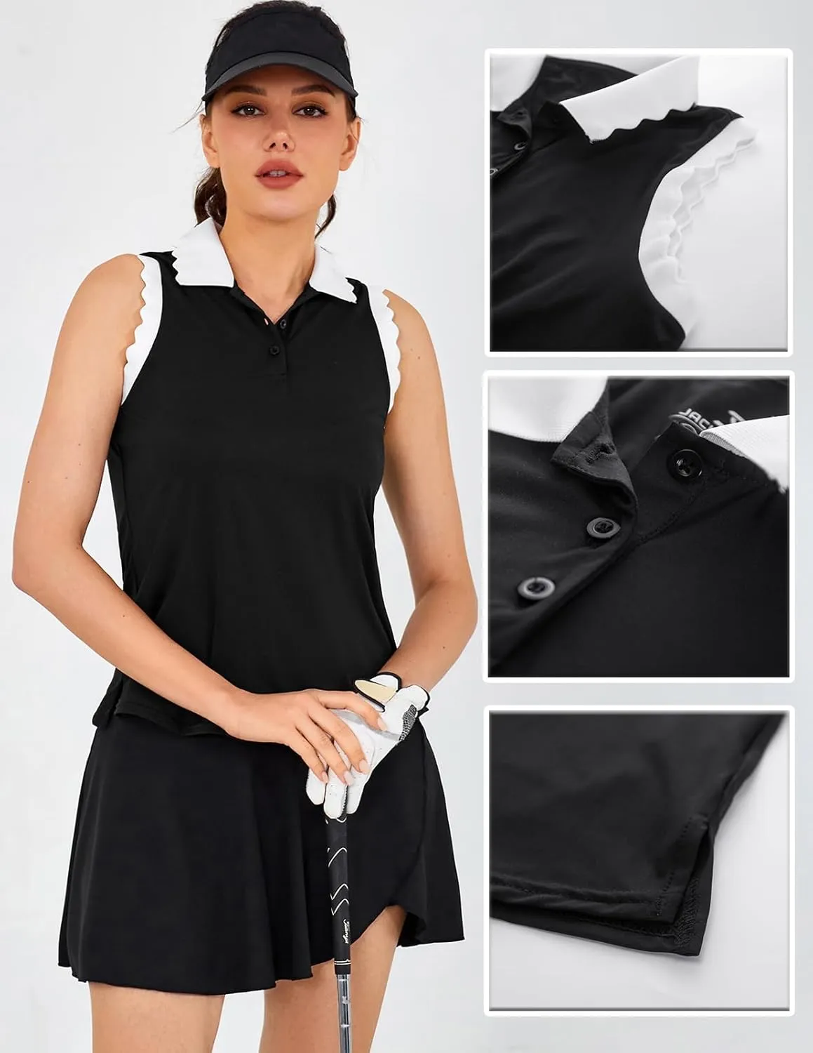 JACK SMITH Women Sleeveless Golf Polo Shirt Button Scalloped Tank Tops Moisture Wicking Tennis Shirts with Split Hem