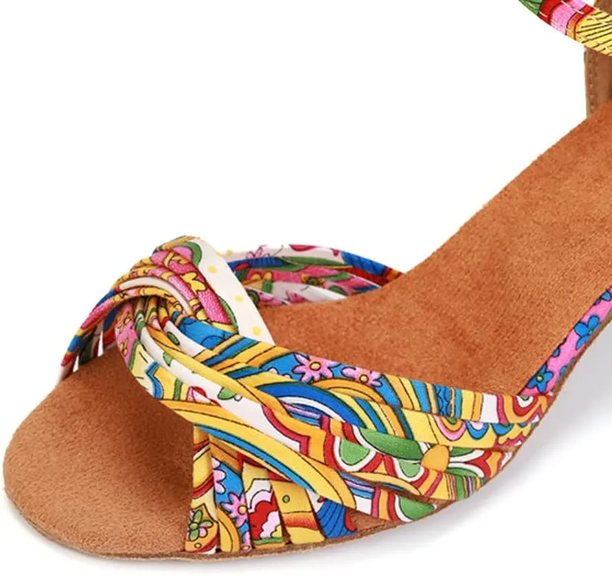 JUODVMP Women's Latin Salsa Shoes Colorful Print Satin Cross-Strap Ballroom Heels Model L255
