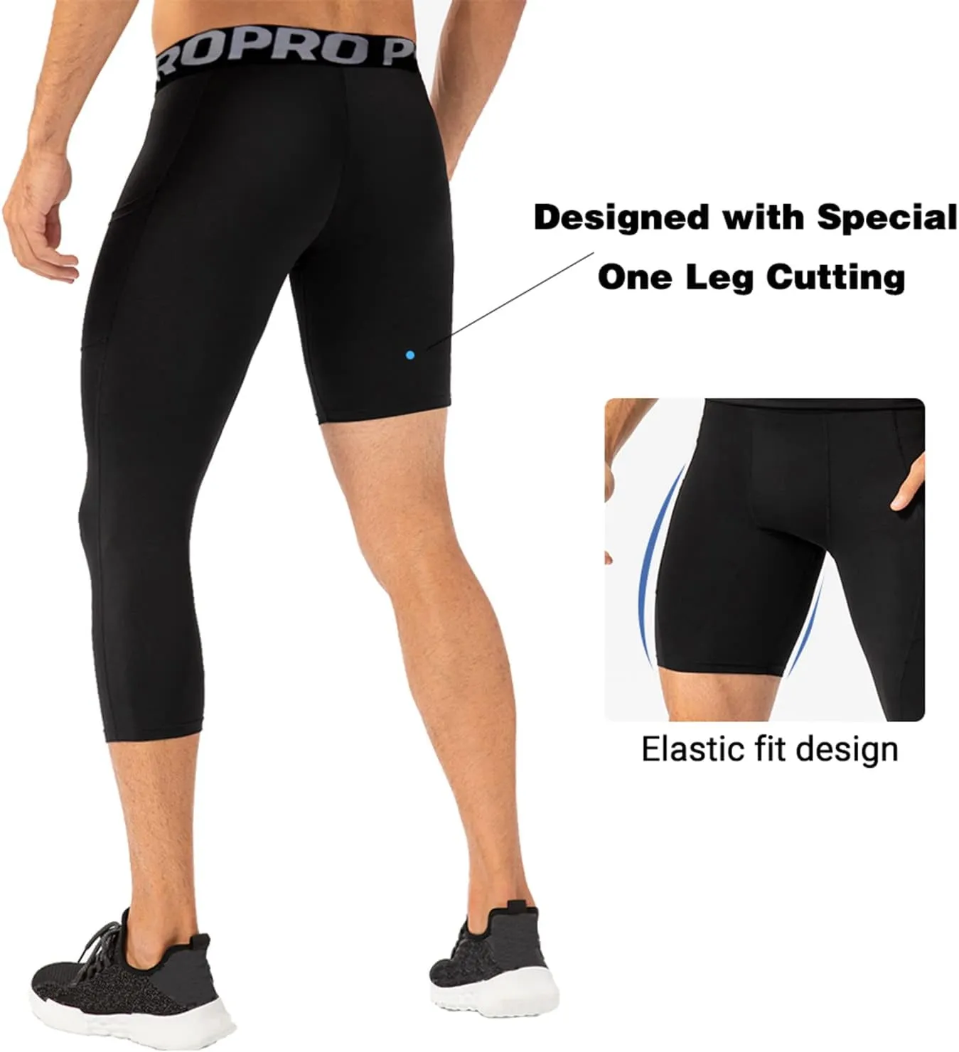 LANDUNSI 2 Pack One Leg Compression Tights for Basketball Mens 3/4 Capri Leggings Athletic Base Layer for Sports Running