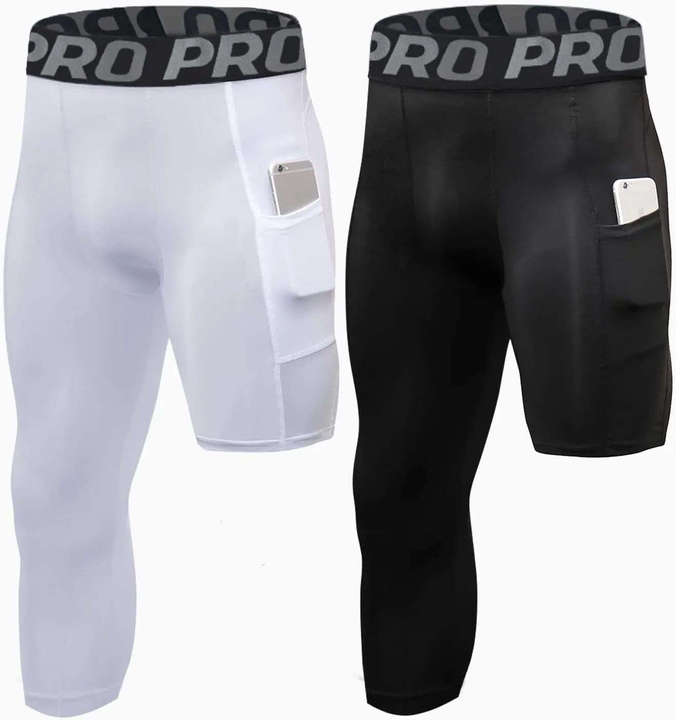 LANDUNSI 2 Pack One Leg Compression Tights for Basketball Mens 3/4 Capri Leggings Athletic Base Layer for Sports Running