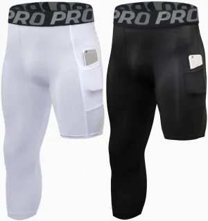 LANDUNSI 2 Pack One Leg Compression Tights for Basketball Mens 3/4 Capri Leggings Athletic Base Layer for Sports Running