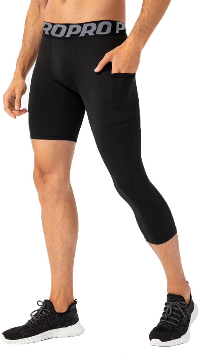 LANDUNSI 2 Pack One Leg Compression Tights for Basketball Mens 3/4 Capri Leggings Athletic Base Layer for Sports Running