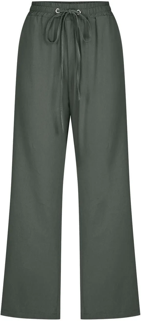 Linen Capris for Women 2024 Summer Drawstring Elastic Waist Capri Pants Wide Leg Cropped Beach Trousers with Pockets