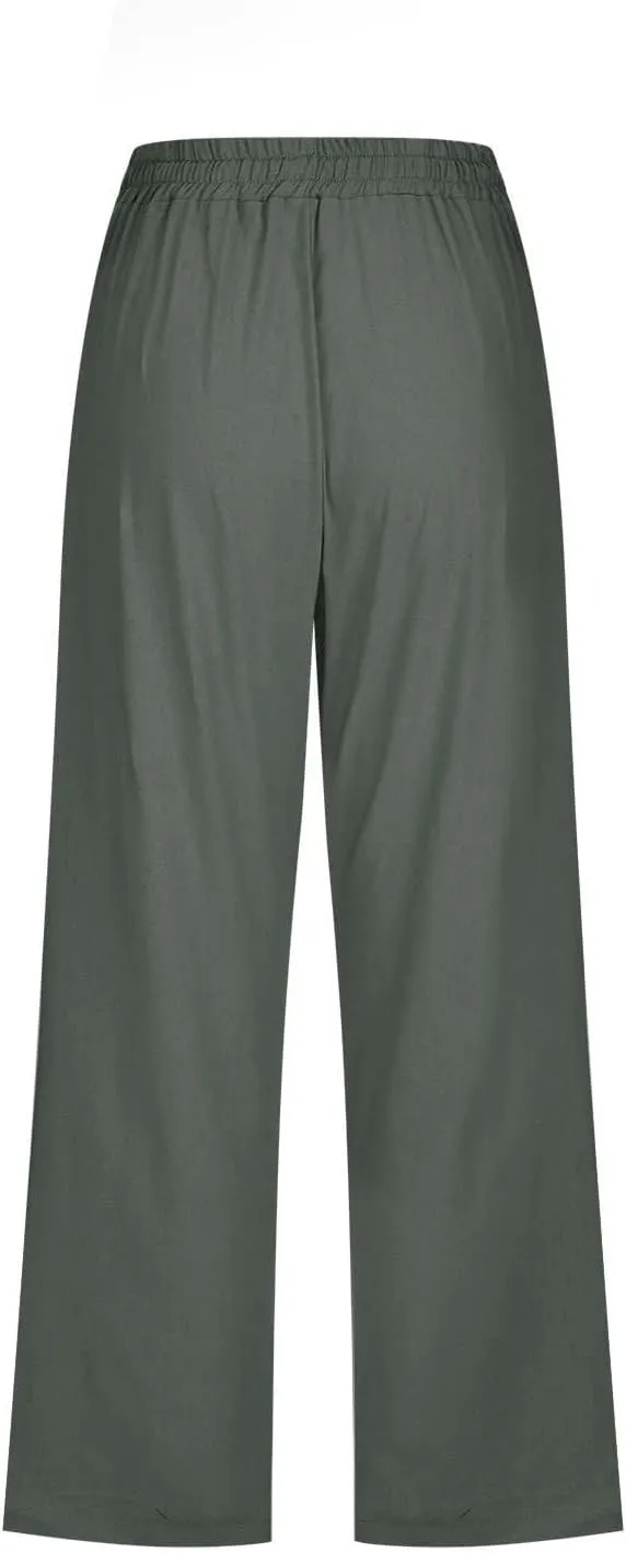 Linen Capris for Women 2024 Summer Drawstring Elastic Waist Capri Pants Wide Leg Cropped Beach Trousers with Pockets