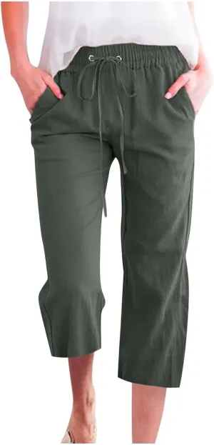 Linen Capris for Women 2024 Summer Drawstring Elastic Waist Capri Pants Wide Leg Cropped Beach Trousers with Pockets
